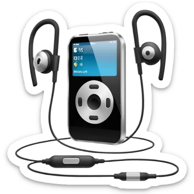 Futuristic iPod emoji with earphones, metallic black and white, smooth reflective surfaces, flat minimal vector design, clean UI style sticker
