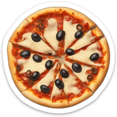 a single round pizza with black olives and shredded beef topping sticker