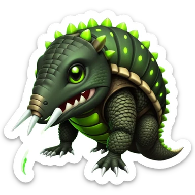 Biohazard armadillo. has black skin and a dark, segmented shell, with the middle sections of each segment glowing in a toxic lime green. The armadillo's face has a twisted, evil grin. His eyes are wide and intense, glowing in the same toxic green. sticker