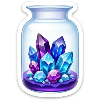 Close-up of vibrant crystals growing in a glass container on a table, with various colors like purple, blue, and clear. Some crystals are larger, while others are still forming. Soft light highlights their natural beauty. Background with a cozy indoor setting. sticker