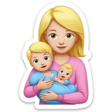 mother with yellow hair and pink dress holding baby in blue onesie, emoji style sticker