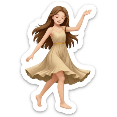 Girl with long brown hair dancing barefoot in the rain with closed eyes beige colors cartoon style elegant romantic  raindrops in the background  sticker