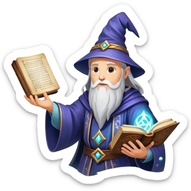 An icon representing an adventure game, inspired by mystical fantasy. The design features a wise and powerful wizard floating above an ancient spellbook, arcane runes glowing beneath him. The swirling cosmic background hints at deep magical knowledge, adventure, and untold power. Transparent background. sticker