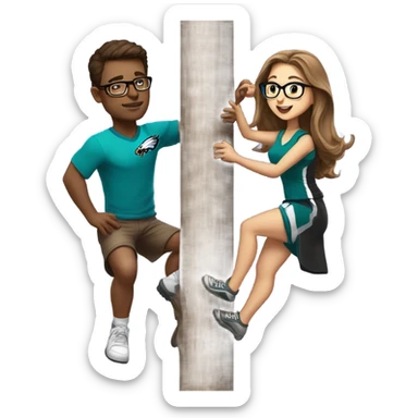 brown hair female with glasses and male with light skin and light brown hair who are both eagles fan climbing up a pole sticker