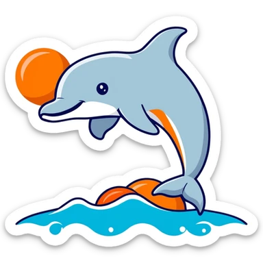 A dolphin jumping out of the water with an orange MnM above its head sticker