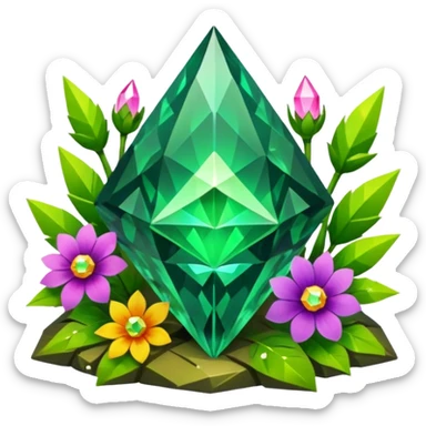 green crystals diamond with runes in forest and flowers sticker