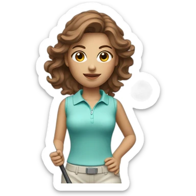 female with brown wavy hair dressed in golfwear with golf club and golf ball sticker