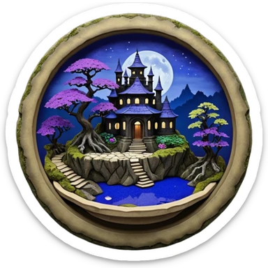  Ancient saucer-castle-house jungle winding trail mountainside getaway haunted nighttime landscape antique mudman very old broken cracked intricately detailed Stone Age lapis-crusted irregular dodecagon-shaped shallow dark moss rough bark violet flowered maple bonsai Saikei platter  sticker