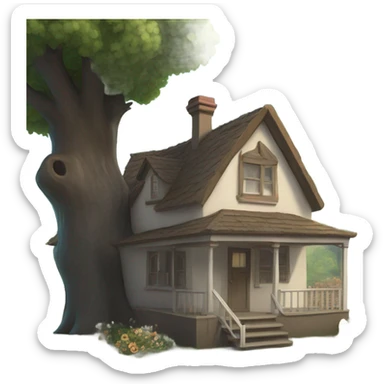 a house on a branch, with the letters 'EV' sticker