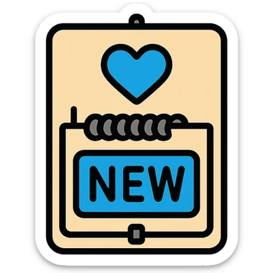 blue NEW text and blue heart on a mousetrap sticker