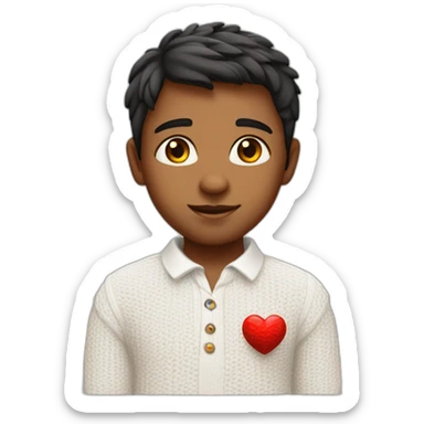 indian boy in a white knitted shirt with a collar with love heart eyes sticker