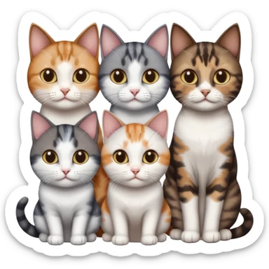 3 different coloured short haired cats including; a dark brown tabby and white cat, and a dark grey and white  sticker