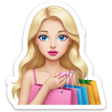 Cinematic realistic blonde with long hair, blue eyes and pink lips holds shopping bags in her hands sticker
