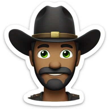 Light complected, black beard man with a black mustache, green eyes and wearing cowboy hat sticker