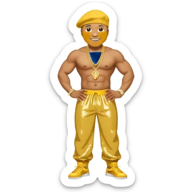 LL Cool J with yellow sequin baggy pants, shirtless with necklace sticker