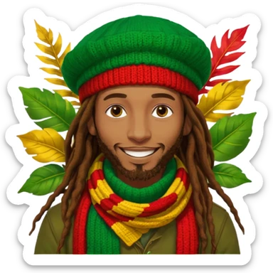 “Create a powerful illustrated portrait of a smiling man with long dreadlocks, wearing a colorful red, gold, and green knitted tam. The background has jungle leaves and warm lighting. Style: vibrant digital art, modern, bold lines, reggae vibe. With a Amsterdam colour scarf around his neck sticker