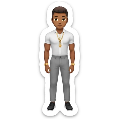 Handsome Black guy with brown skin tone, with lean muscular build, wearing gray slacks, a white button up top, black shoes, and a small gold chain sticker