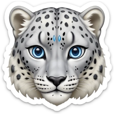 Cinematic-Noble-Snow-Leopard-Portrait-Emoji – Poised and majestic, with a muscular, agile build and a beautifully patterned coat of soft white and grey fur, marked with striking, deep-set, intelligent icy blue eyes, simplified yet sharp and sophisticated zoomed out showing the shoulders sticker