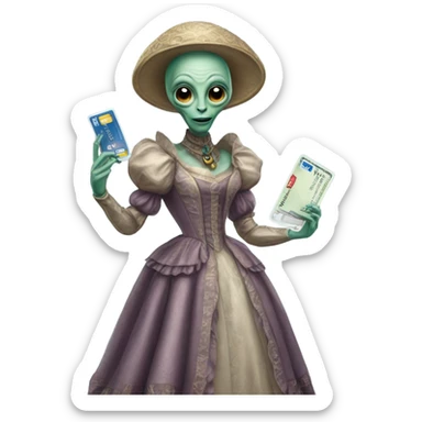 alien galora in Victorian dress elegant, full body, holding big credit card sticker