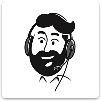 laughing man with black hair, brown eyes, black beard wearing gaming headset sticker