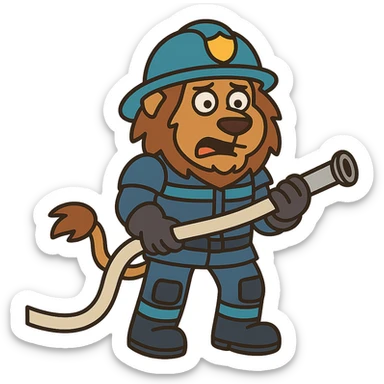 Change the fireman uniform to a futuristic firefighter suit, keep the lion holding a hose, cartoon style, no background. sticker