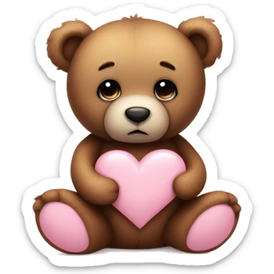 Teddy bear with sad eyes holding a pastel pink heart sticker