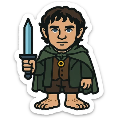 Whole body image of Frodo Baggins from the lord of the rings movie in pixel art style. Make Frodo look like the actor that portrayed him in the movie, Elijah Wood, blue eyes and dark curly hair. Frodo is wearing the same green elven cloak with the leaf buckle, brown vest, cream undershirt, dark brown leather short pants, and hairy hobbit feet. He is wearing a golden yellow ring on a necklace. he's also holding the same blue sword that bilbo is holding in the reference image. sticker