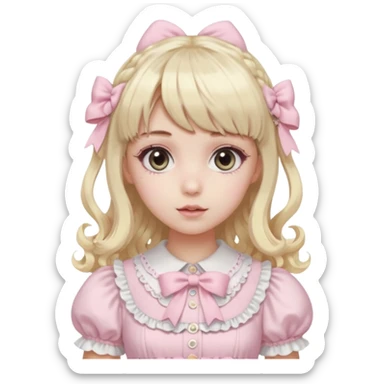 pale girl , who has curly medium length blonde and baby pink swirled hair with bangs , grey eyes , and doll like makeup , in a light pink lolita hime gyaru dress emoji | AI Emoji Generator black hair sticker