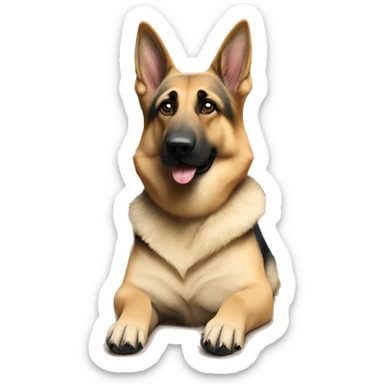 German shepherd dog relaxing in box indoors next to small old white dog sticker