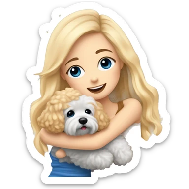 Blonde girl with long straight hair and blue eyes is hugging a small caramel maltipoo and they are celebrating a new year  sticker