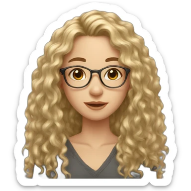 Caucasian girl, long hair, black curly hair, golden glasses with tiny frames, just face sticker