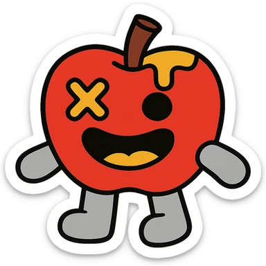plush apple character with light grey arms and legs, left eye is an X, yellow ichor dripping from stem, big smiling mouth, no leaf sticker