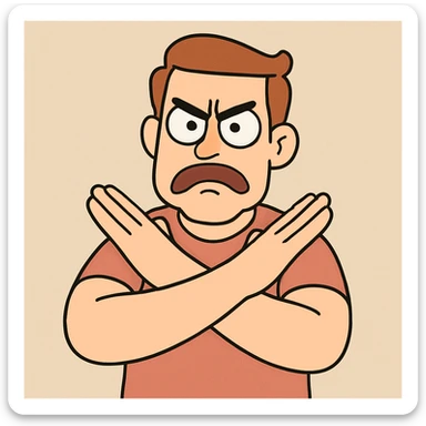 cartoon character with arms crossed in an 'X', strong 'no' or 'stop' expression, simple background sticker