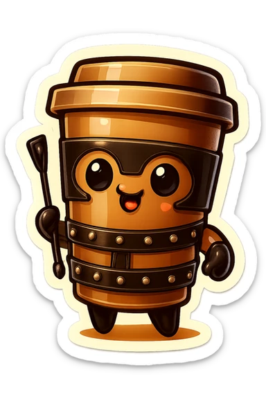Tall coffee cup, dressed in leather holding a whipping crop sticker