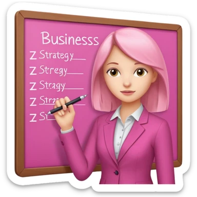 pink board with a girl writing on it and on the board there are graphs and a title "Business Strategy" sticker