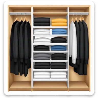 Closet organizer with visible compartments filled with black long sleeve shirts, sweaters and work clothes sticker