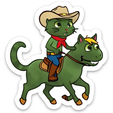 cat riding a horse with cowboy clothes sticker