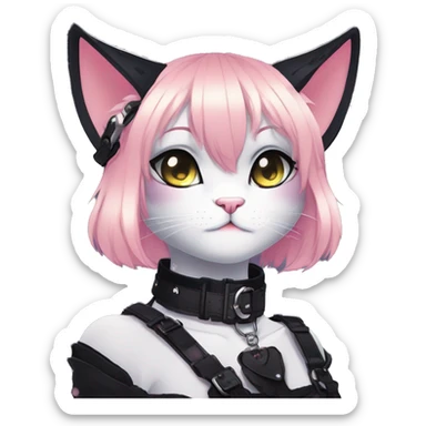 Gorgeous sparkly legendary gradient gothic dark techwear anime style anthro cat with blushing face aesthetic and pretty edgy black with collar and harness trending style sticker