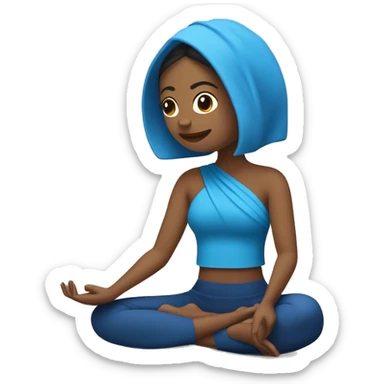 Mujer meditando en una manta de pilates azul rey, con los brazos cruzados y audifonos cascos negros sticker