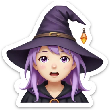 cute anime girl with lilac hair in a witch hat with her eyes closed cries and screams loudly sticker