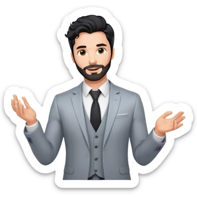 Professional 35-year-old man with black wavy hair, stubble, strong jawline, white skin tone, wearing smart casual business attire, interacting with holographic digital display, surrounded by tech elements, innovative business strategist sticker