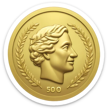 gold coin with large "50" label in center and laurel sticker