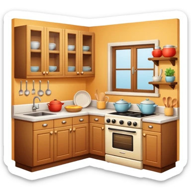 A cozy home kitchen in clean emoji-style illustration. Warm colors, simple shapes, homemade dishes on the counter, friendly atmosphere, flat design, high contrast, clear outlines. sticker