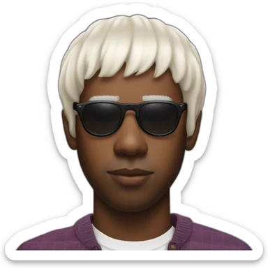 tyler the creator with a short white wig and dark sunglasses looking with a sstraight face sticker