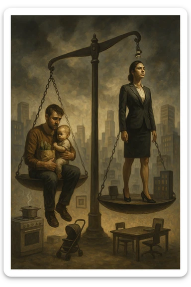 Scena metaforica: una bilancia sociale sbilanciata, con un uomo seduto da un lato con un bambino in braccio e una borsa della spesa, mentre una donna in carriera in abiti formali guarda lontano con espressione determinata. Intorno a loro, simboli confusi dei ruoli tradizionali (fornello, scrivania, passeggino, ufficio). Sullo sfondo, una città moderna e caotica. L’atmosfera è riflessiva, non giudicante. Luci contrastate, come a simboleggiare tensione culturale. in italiano sticker