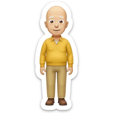 A 3D cartoon elderly man entirely yellow, styled like Grandpa Simpson, bald head with few hair strands, wrinkled face, yellow shirt and trousers, kind smile, cinematic Memoji-style render matching other Simpsons characters. sticker