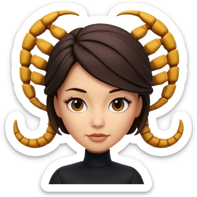 Scorpio zodiac signA 3D cartoon woman with a scorpion-shaped hairstyle, confident expression, smooth skin tone, Memoji-style. sticker