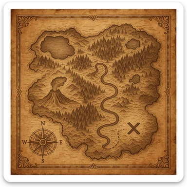 A big, realistic treasure map of a fantasy land, showing lakes, volcanoes, dense forests, and a winding river leading to a hidden treasure marked with an X. Style: old, weathered, and richly detailed. sticker