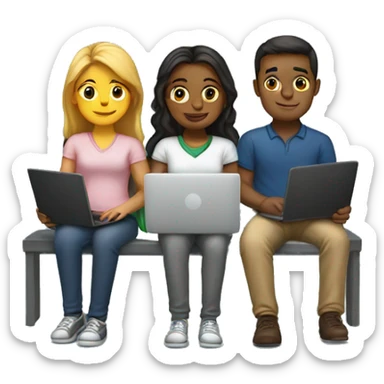 2 girl and 3 man each of them holding laptop and sit together  sticker