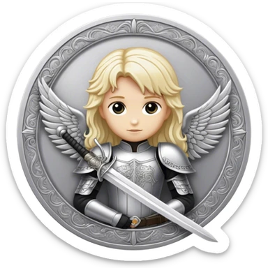 dark angel in plate engraved images with a silver sword and blond hair sticker